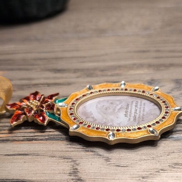 Gold & Red Enamel Metal Rhinestone Christmas Poinsettia Ornament Picture Frame - Picture 6 of 7